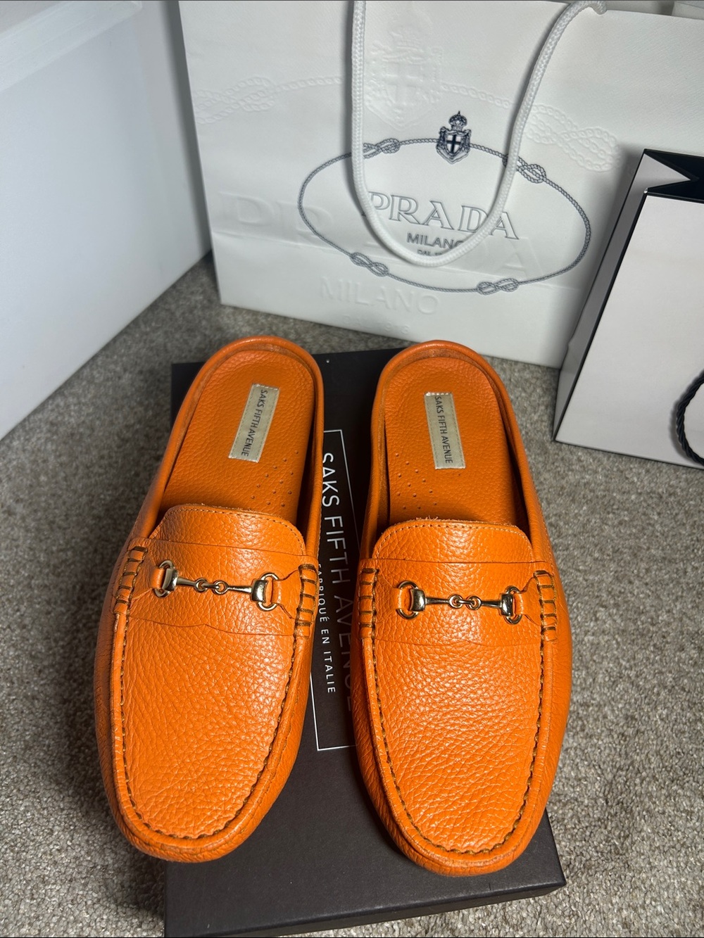 Saks Fifth Avenue Orange Leather Horsebit Loafers